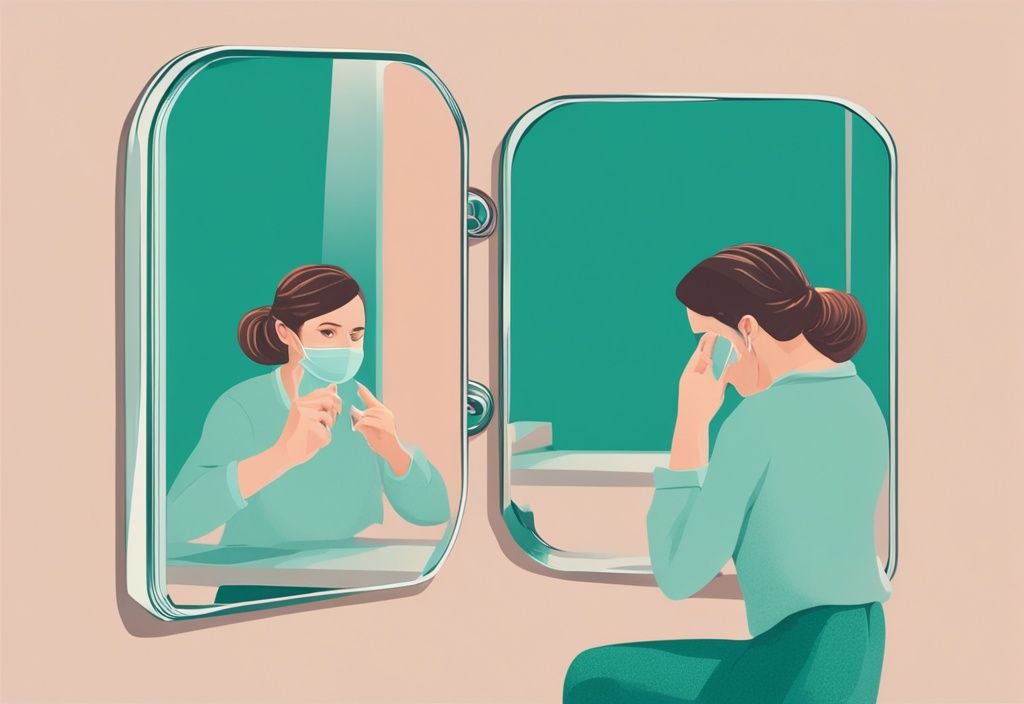 Realistic illustration of a person performing the fingernail test on a mirror, demonstrating how to tell if a mirror is two way, with a teal color theme.