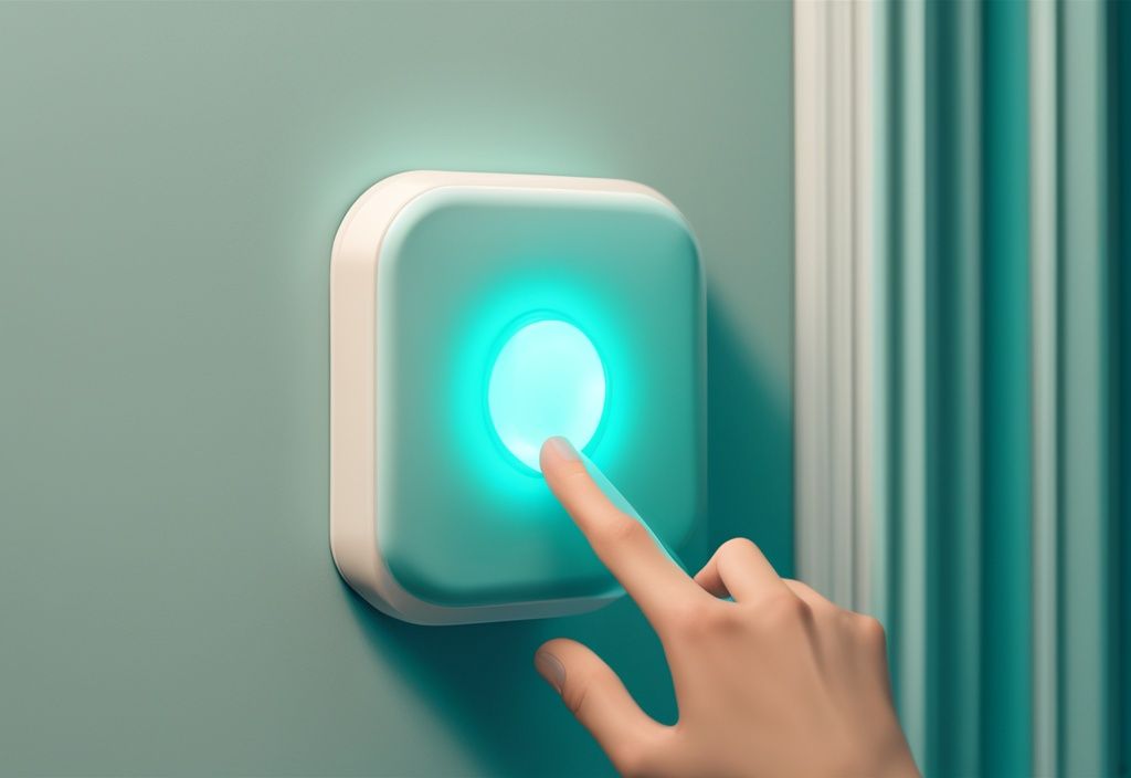 Hand pressing reset button on teal-themed motion sensor light mounted on wall.