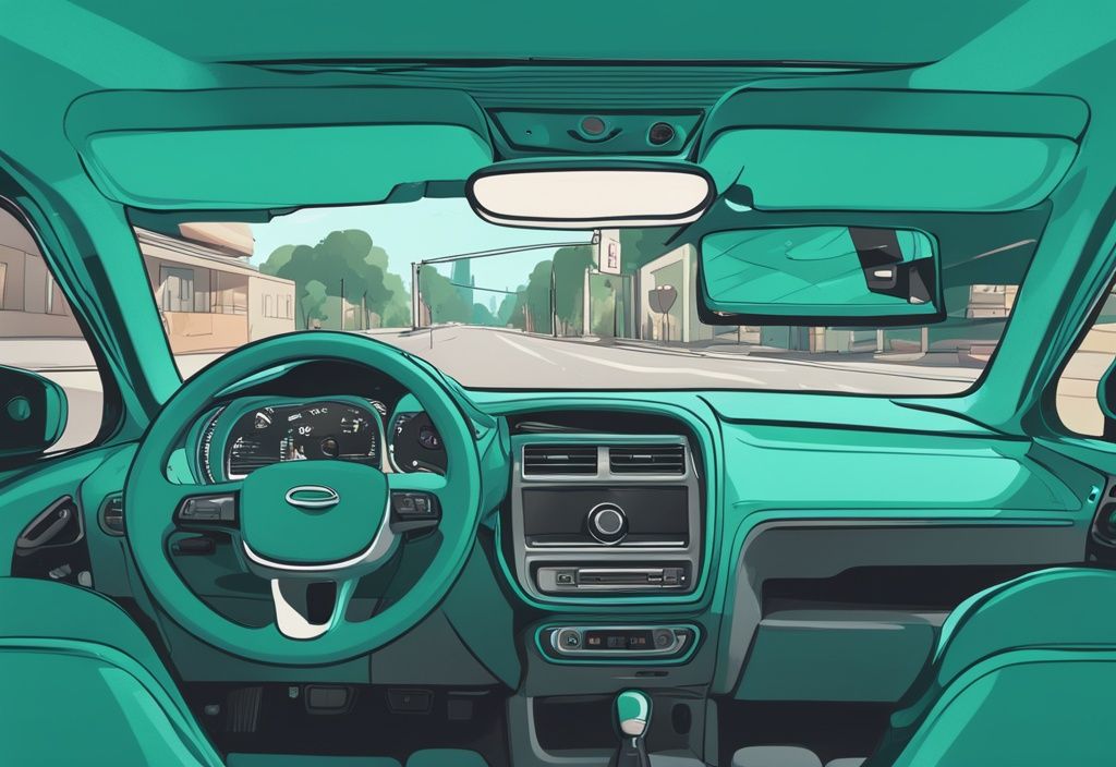 Teal-themed car interior with dash cam mounted on windshield behind rear-view mirror, illustrating where to mount a dash cam.