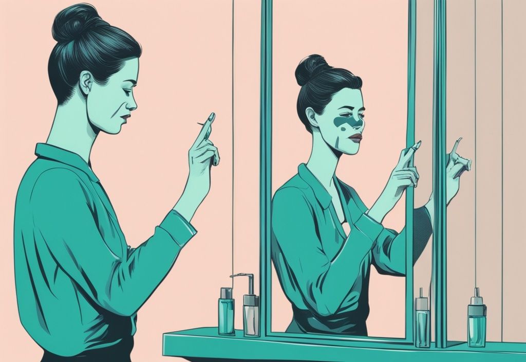 Realistic teal-themed illustration of a person performing the fingernail test on a mirror to learn how to tell if a mirror is two way.