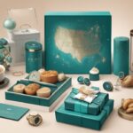 Realistic illustration of unique gifts for parents who have everything, featuring a teal-themed personalized star map, gourmet food basket, high-end tech gadget, and custom family portrait wrapped as luxurious presents.