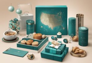 Realistic illustration of unique gifts for parents who have everything, featuring a teal-themed personalized star map, gourmet food basket, high-end tech gadget, and custom family portrait wrapped as luxurious presents.