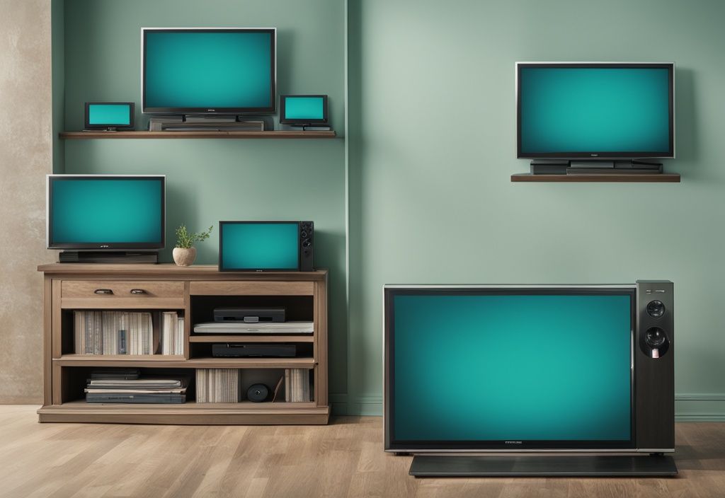 Illustration showing what's the difference between UHD, HD, and SD picture quality with three teal-themed televisions side by side.