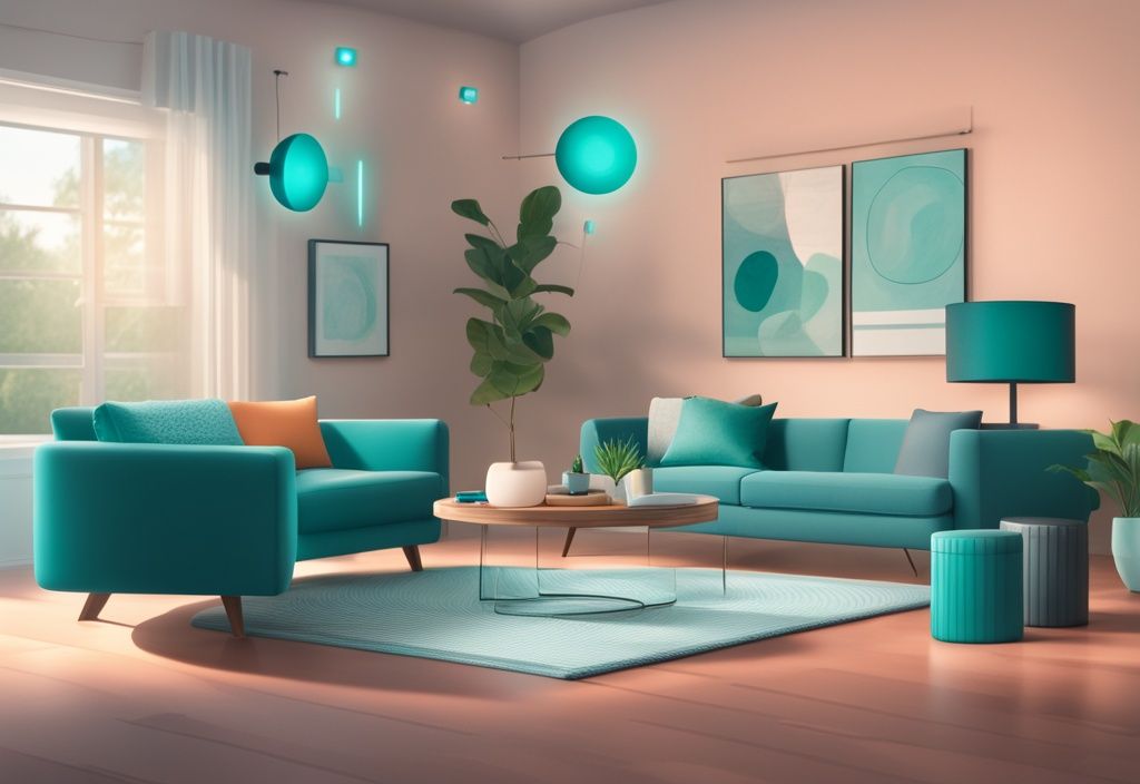 Teal-themed modern living room with Amazon Alexa interacting with Z-Wave enabled smart home devices like lights, thermostat, and security system. Alexa Z-Wave integration.