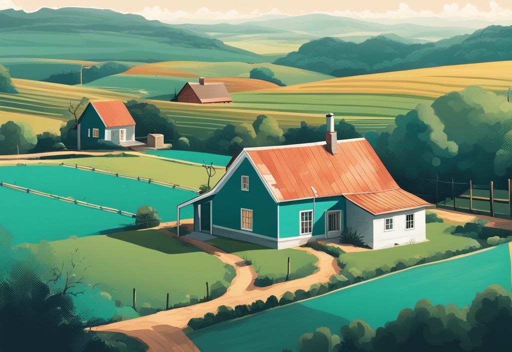 Teal-themed rural landscape with a farmhouse featuring a satellite dish for internet connectivity.