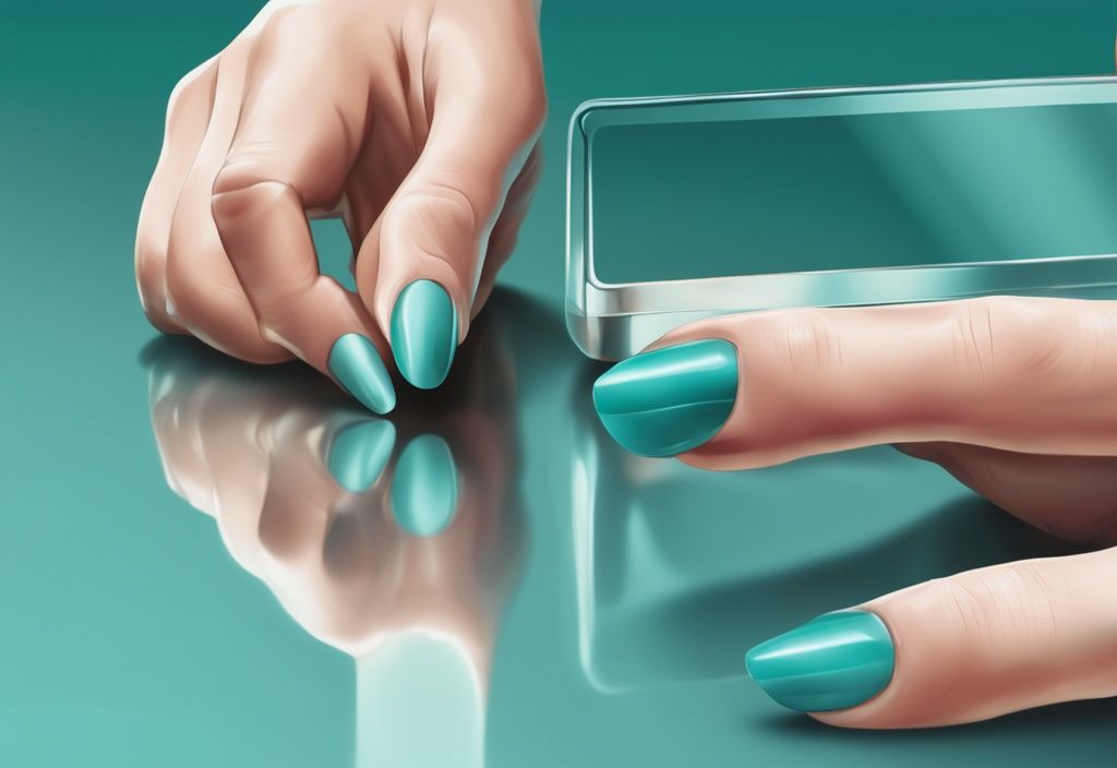 Realistic teal-themed illustration of a person performing a fingernail test on a mirror with no gap in the reflection.