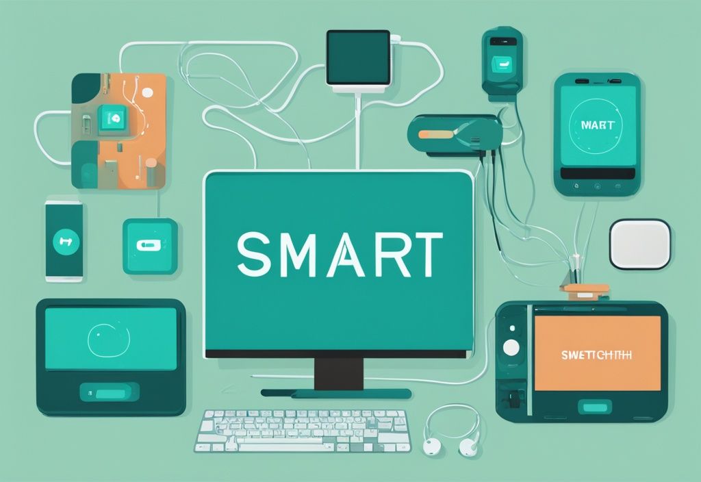 Teal-themed illustration of smart devices like smartphone, smartwatch, smart speaker, and smart TV interconnected with a central hub, representing what is smart device integration.