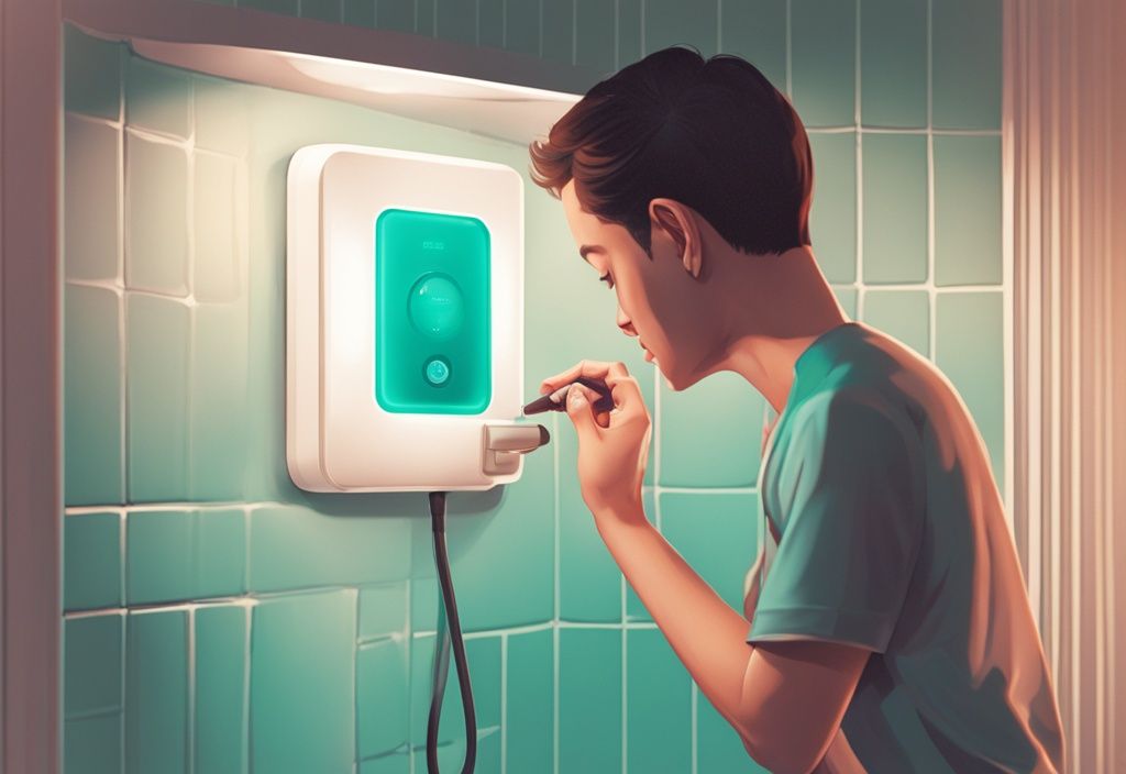 Person adjusting motion sensor settings with tool in hand, teal color theme, illuminated sensor light