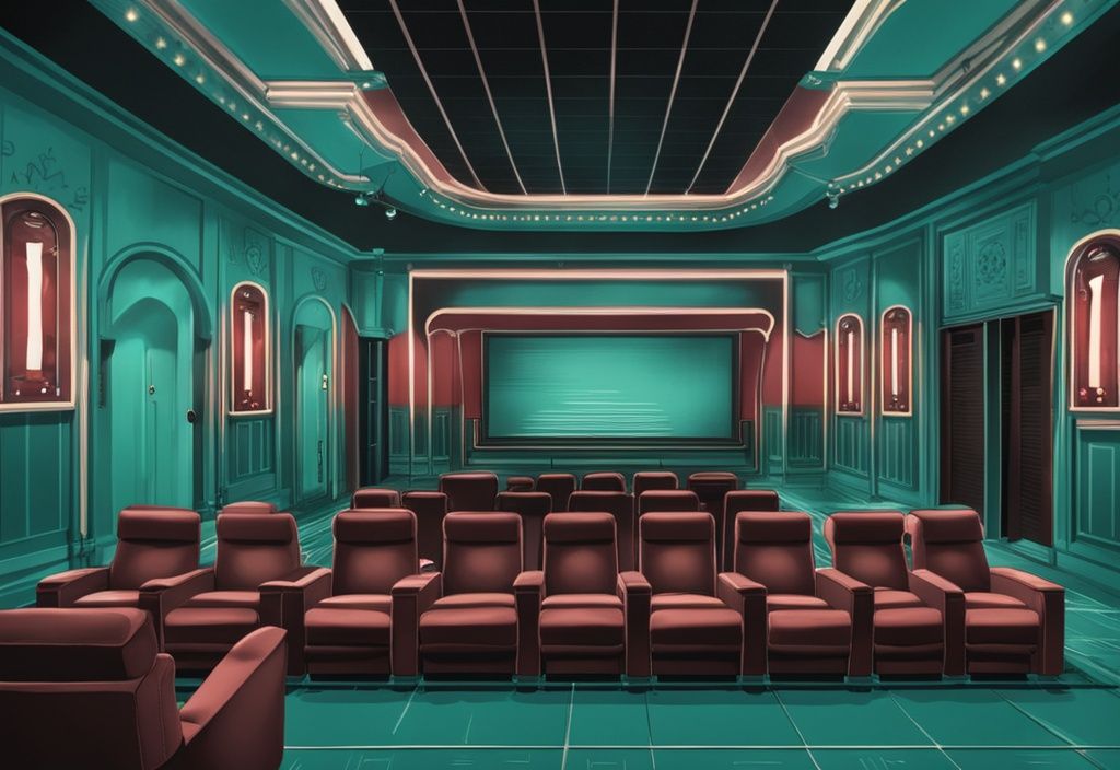 Teal-themed movie theater interior with hidden cameras in decor, addressing the question: do movie theaters have cameras.