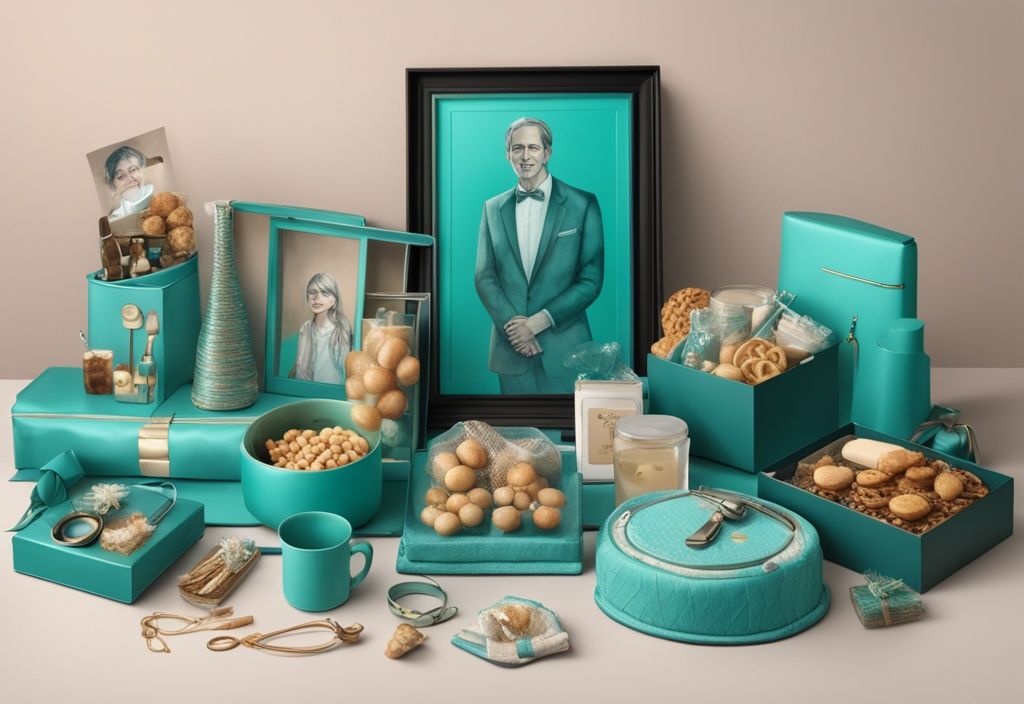 Teal-themed illustration of unique gifts for parents, featuring personalized jewelry, custom family portrait, gourmet food basket, and high-tech gadget on a table.